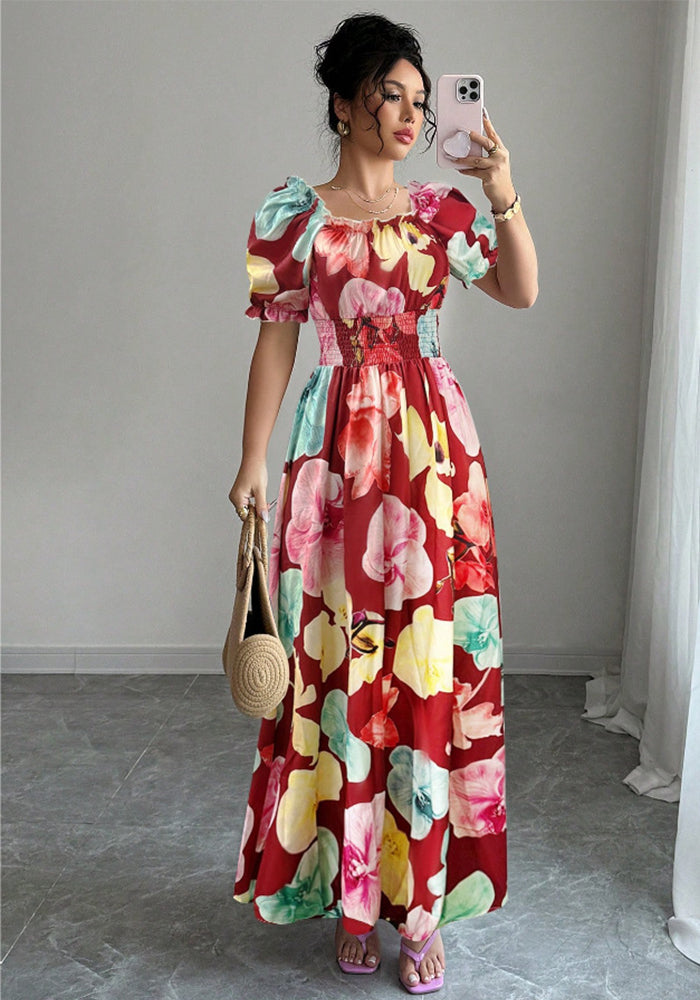 Women Summer Puff-Sleeve Printed Strap Dress