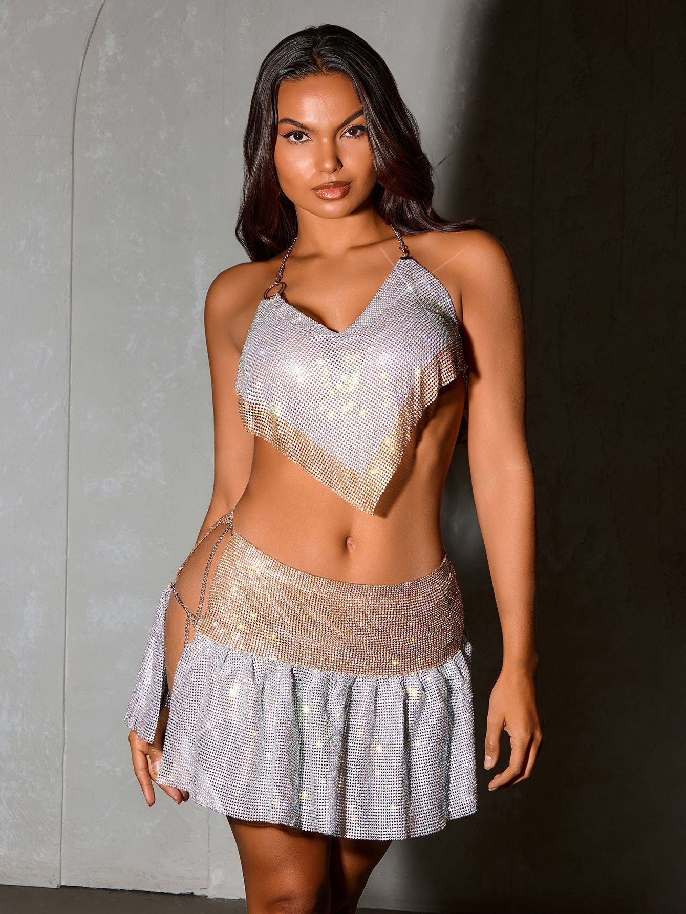 Sexy Metal Rhinestone Strap Nightclub Trend Diamond Skirt Set 4