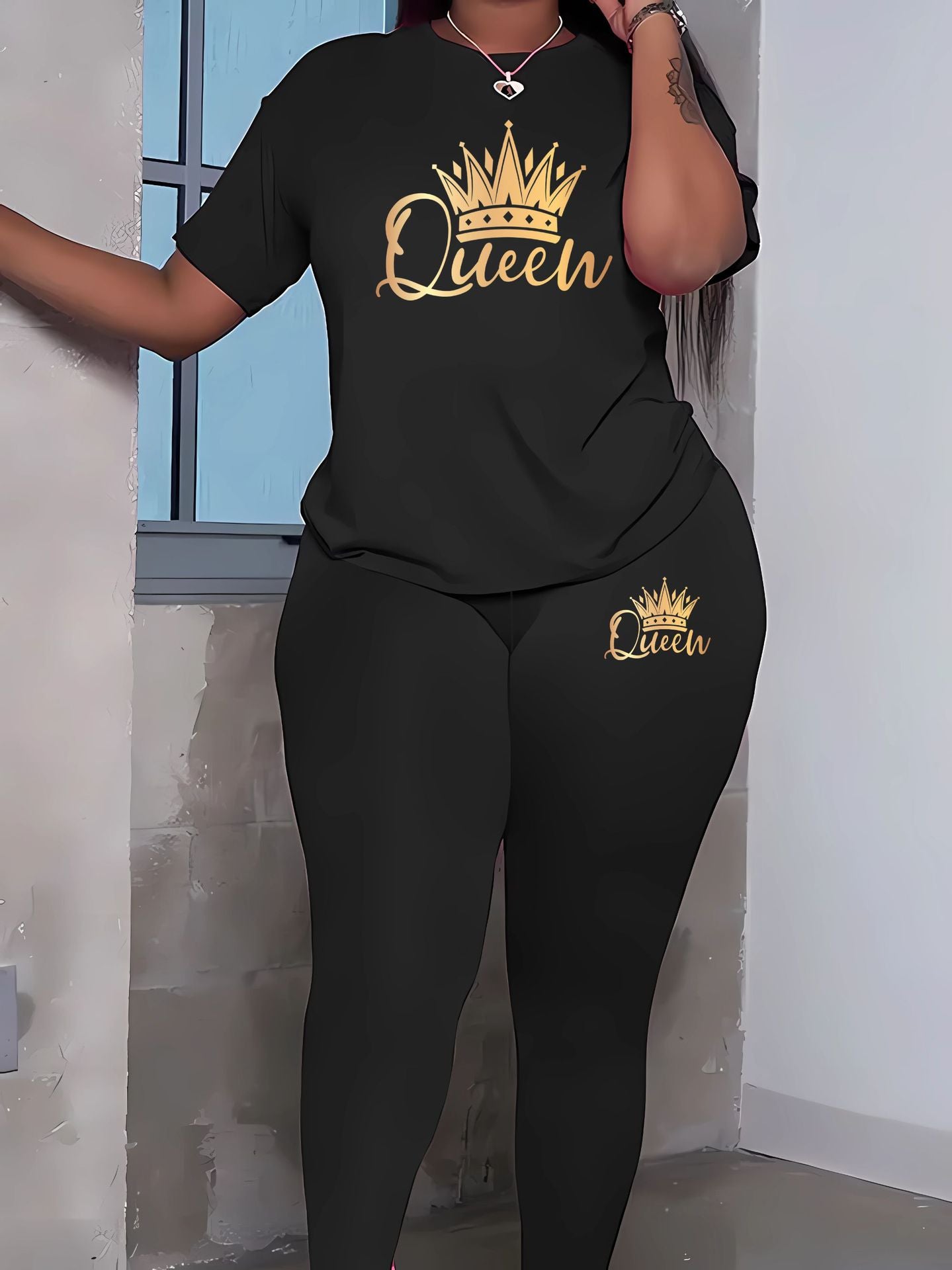 Women Gradient Crown Queen Letter Casual Print Summer Short Sleeve Top and Pants Two-piece Set 4