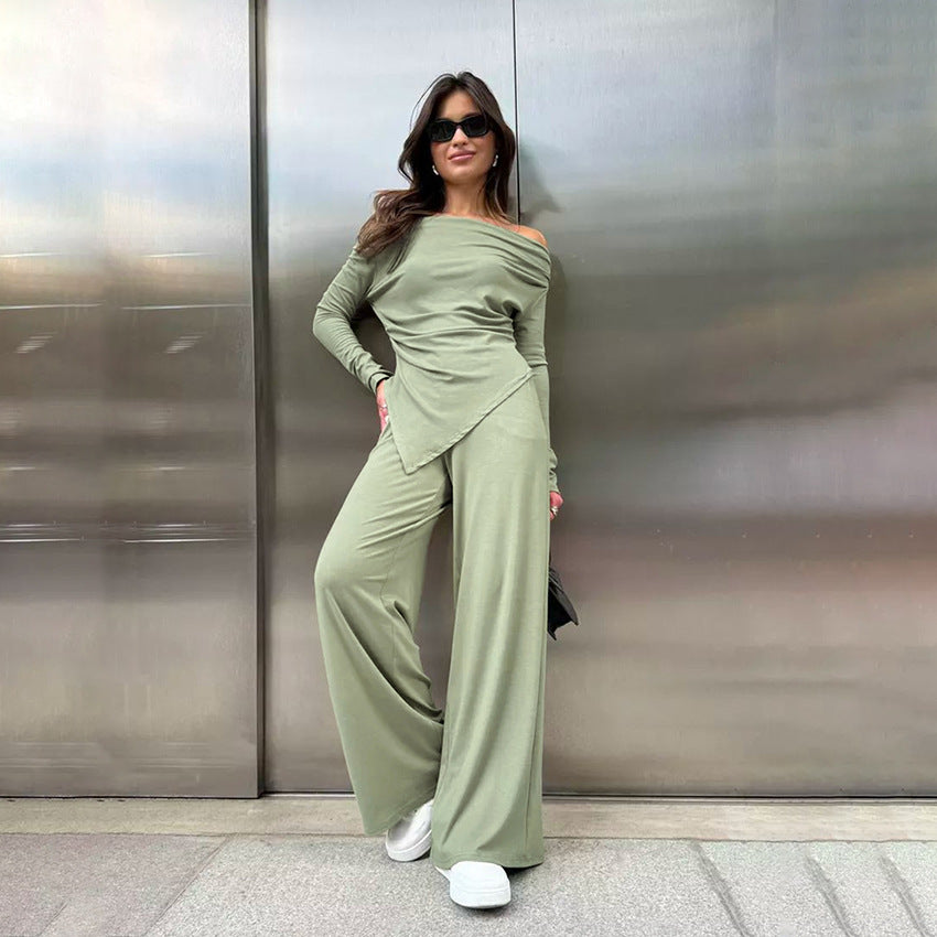 Autumn And Winter Grey Knitting Fashion Off Shoulder Long Sleeve Top High Waist Wide Leg Pants Casual Two Piece Set 9