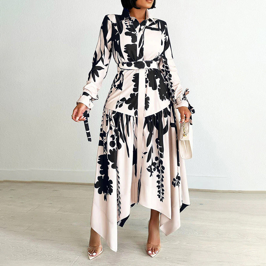 Women's Fashion Chic Print Turndown Collar Long Sleeve Belt Irregular Print Dress 8