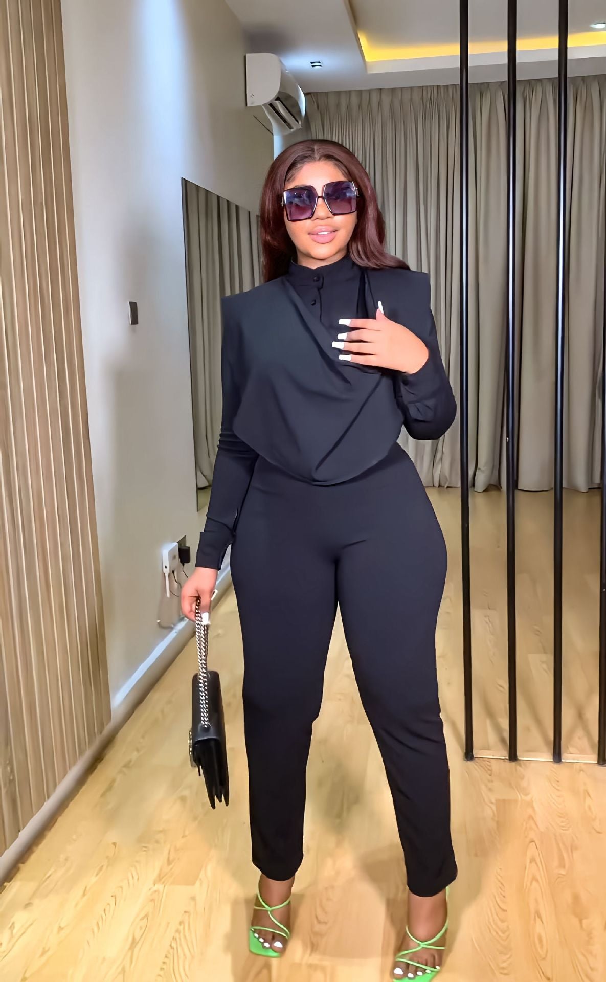 Long Sleeve Cardigan Round Neck Top Slim Pants Business Women's Two Piece