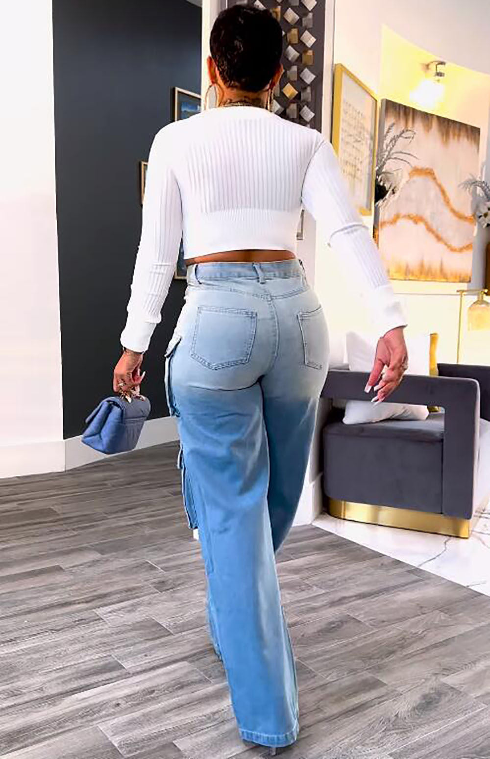 Women's High-Waist Multi-Pocket Gradient Denim Wide-Leg Pants 10