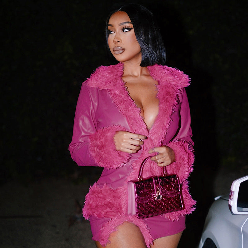 Women Pu-Leather Fur Collar Jacket and Skirt Two Piece Set 6