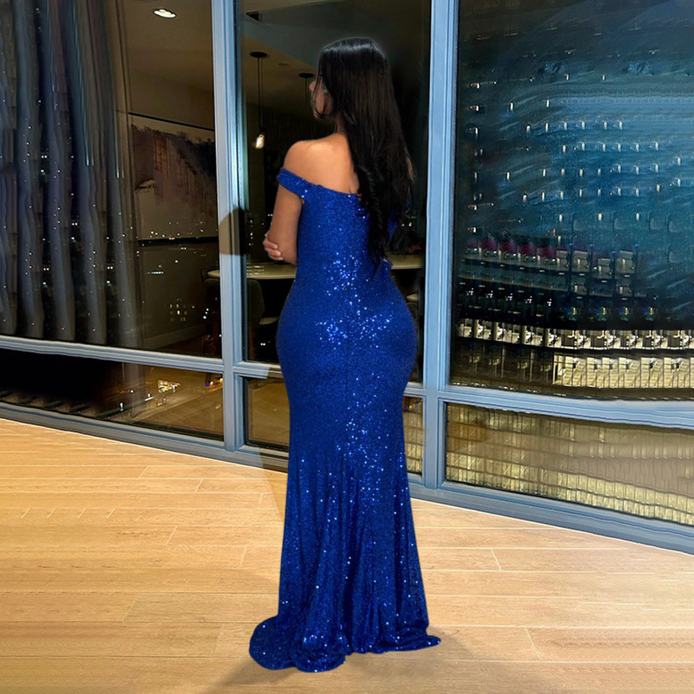 Women Sexy Off Shoulder Split Sequin Dress 4