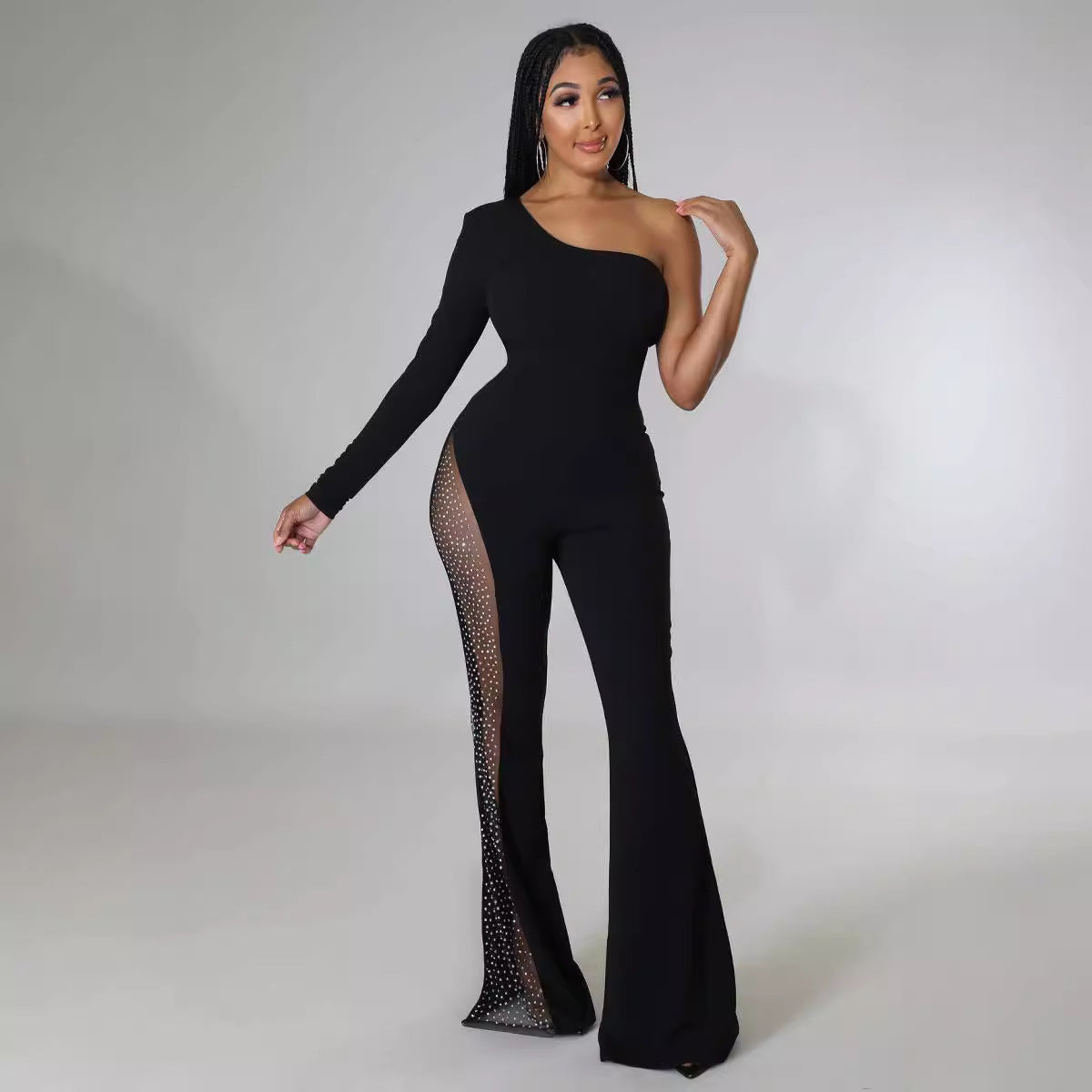 Women's Fashion One-Shoulder Long-Sleeved Mesh Patchwork One-Piece Flared Leg Jumpsuit 5