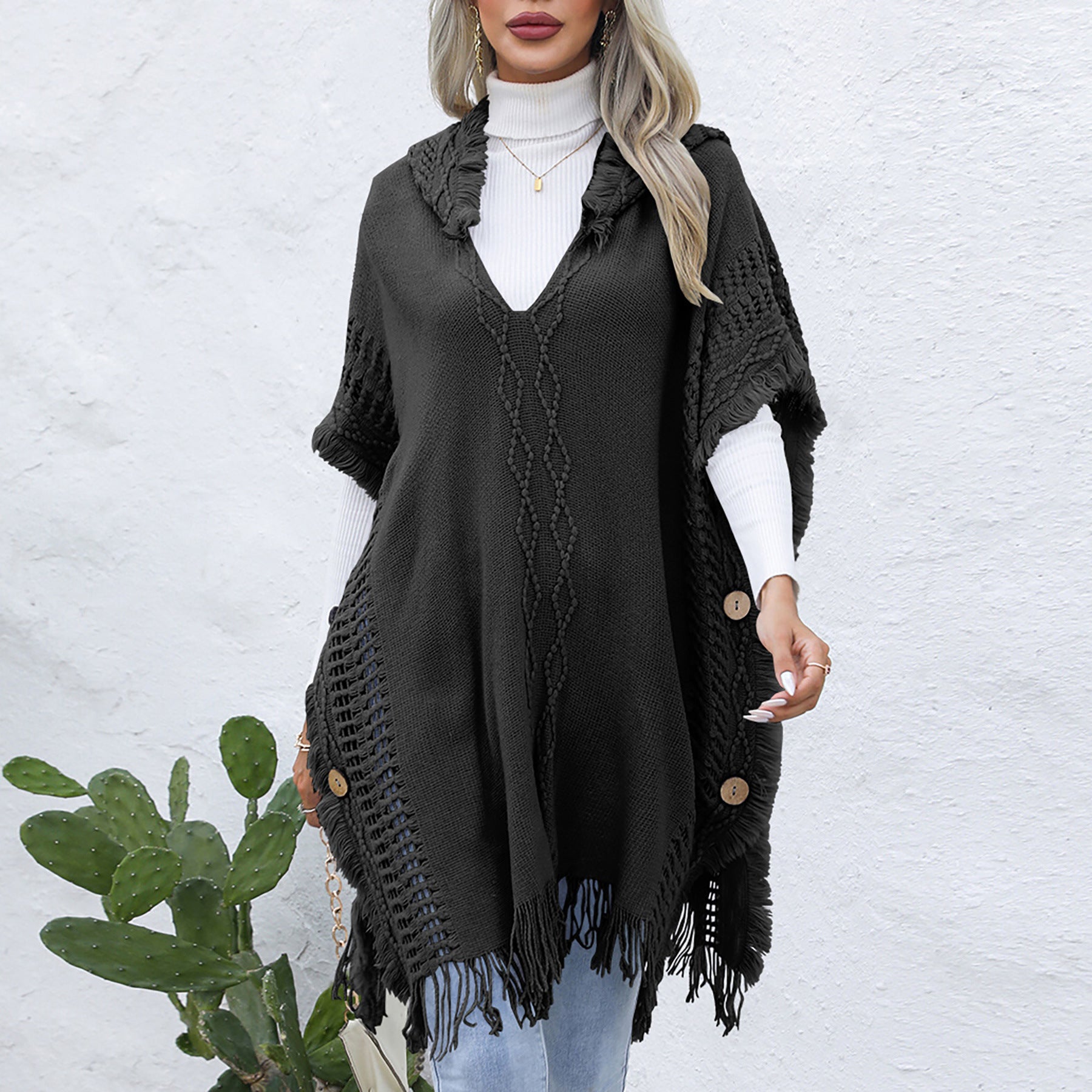 Women Casual Loose v-tie hat vest cloak sweater jacket 13