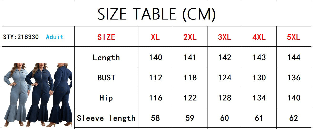 Plus Size Women's Zipper Turndown Collar Long Sleeve Bell Bottom Denim Jumpsuit 10