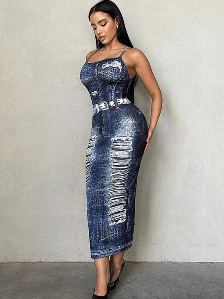 Women Sexy Backless Bodycon Denim Dress 4