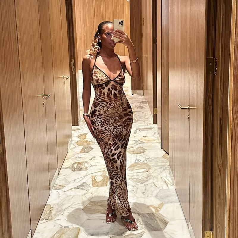 Women Spring Summer Sexy Leopard Print Halter Neck Sleeveless Lace-Up Backless Dress 5