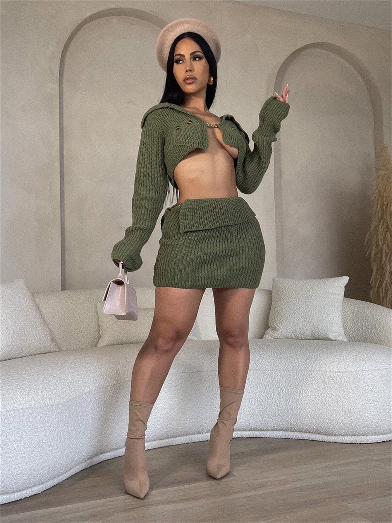 Women Autumn Long Sleeve Crop Jacket and Bodycon Skirt Solid Two-Piece Set 7