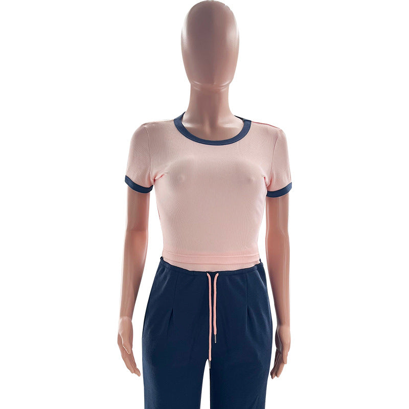 Women's Summer Color-Blocked Round Neck Short Sleeve Casual Pants Set 16
