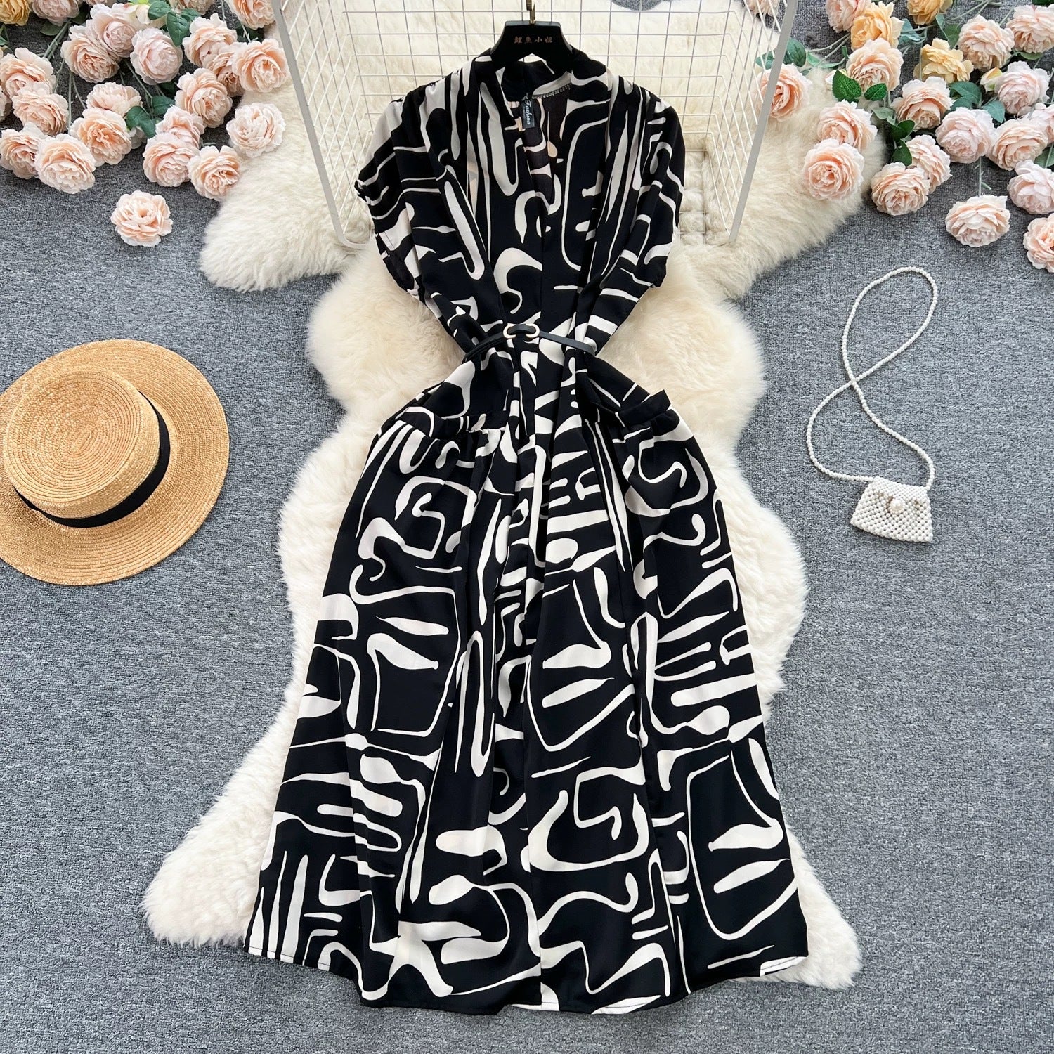 Women Vintage V-Neck Print Summer French Lace-Up Maxi Shirt Dress 5