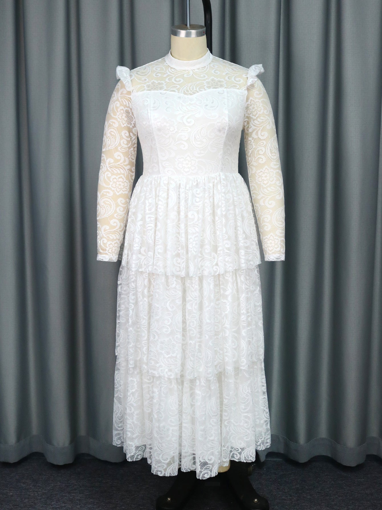 Women See-Through Sleeve Half High Neck Lace Formal Party Elegant Dresses 3