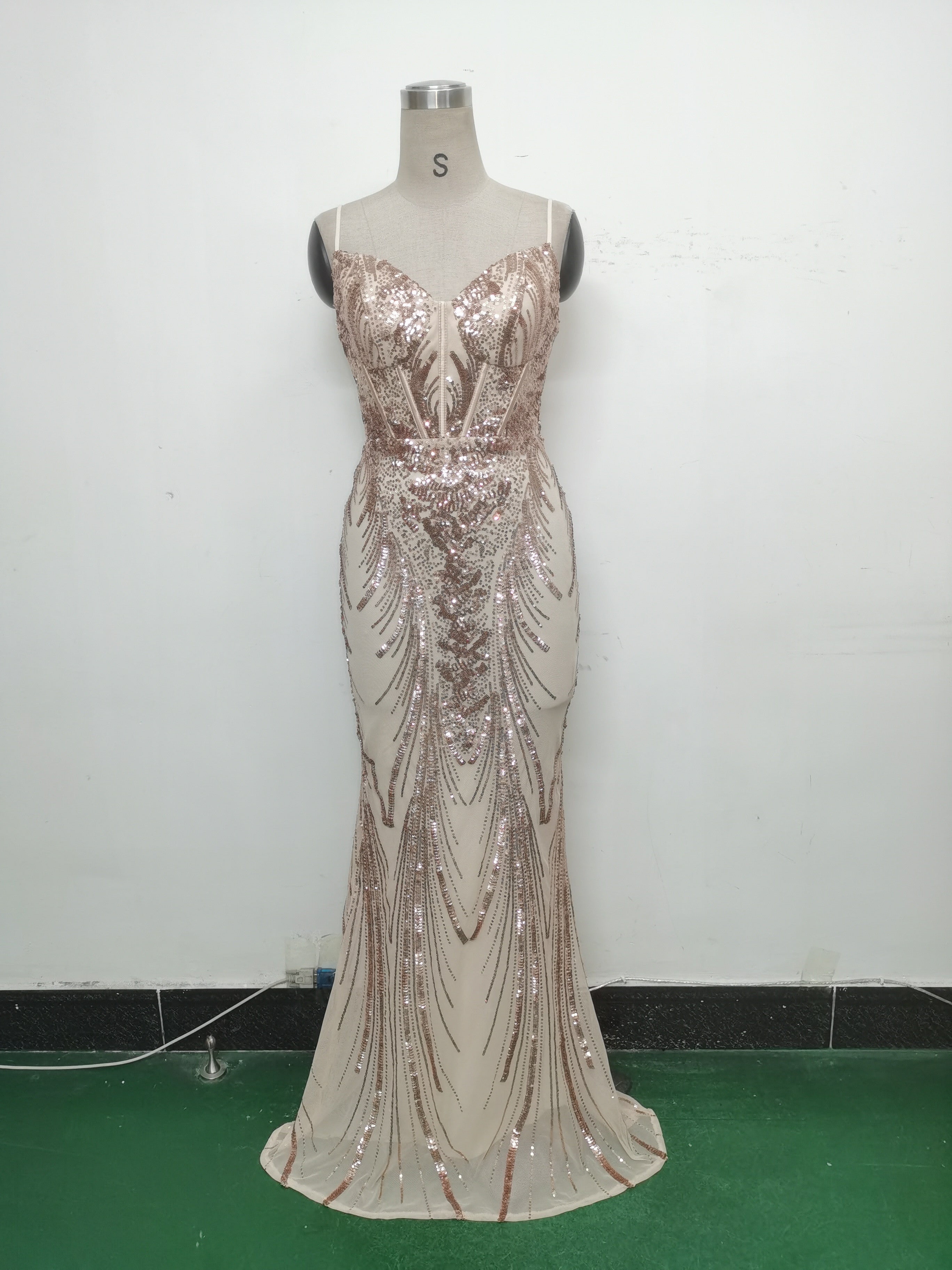 Women Fishbone Sequin Positioning Flower Evening Dress 28