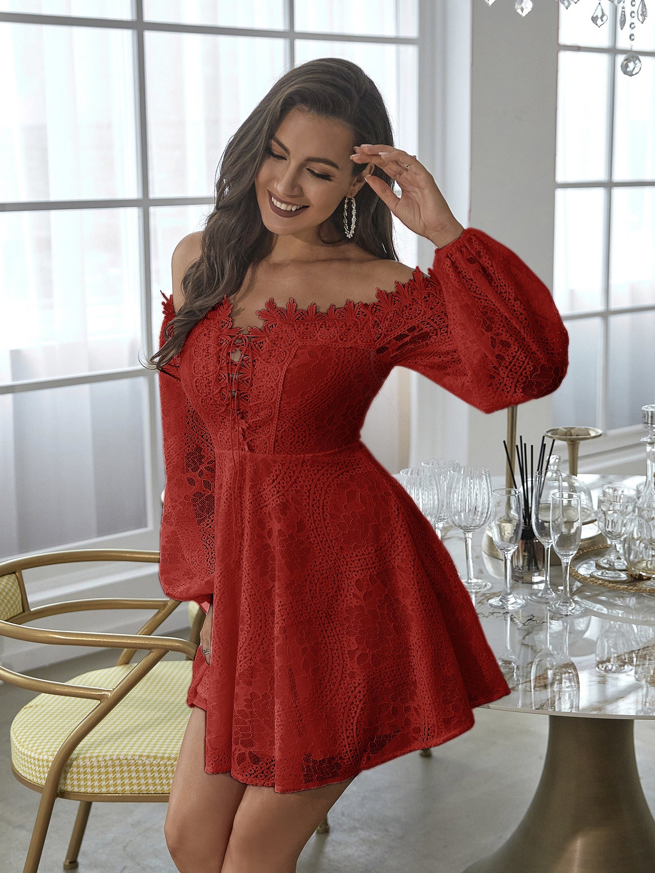 Women Sexy Embroidered Lace Off Shoulder Dress 14