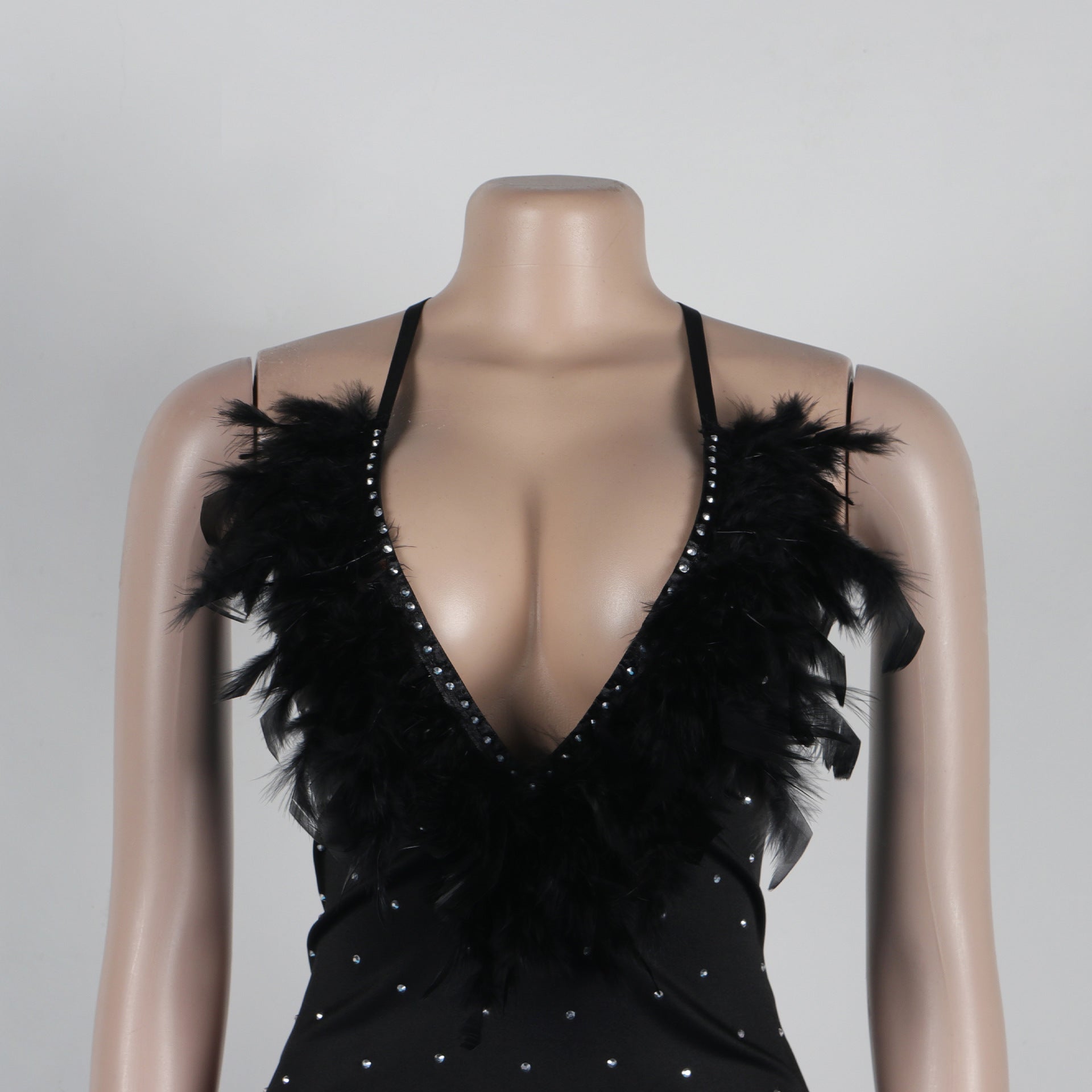 Women Sexy Beaded Feather V-Neck Backless Bodycon Dress 16
