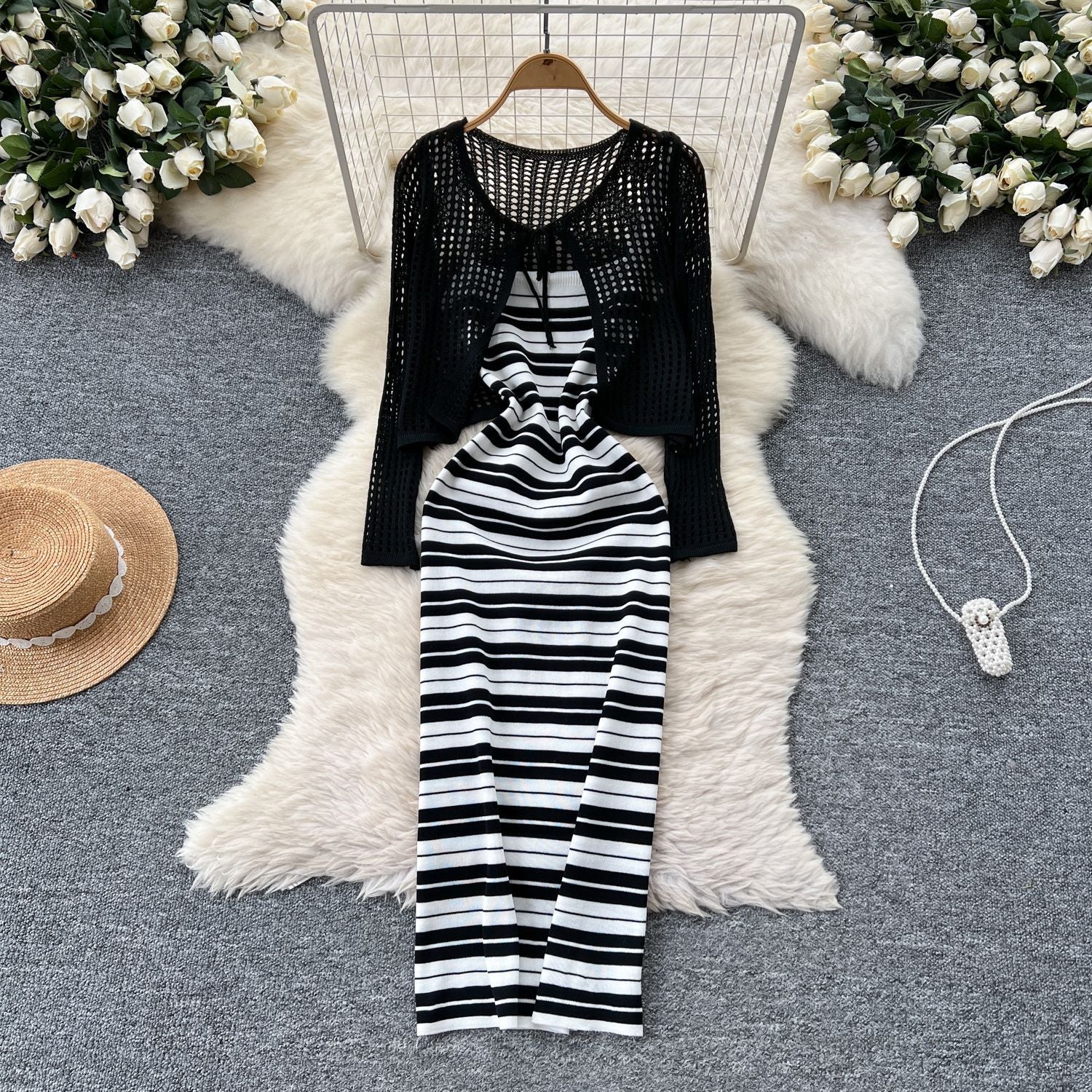 Tie Up Cardigan Low Back Strap Slim Fit Chic Stripes Knitting Dress 3
