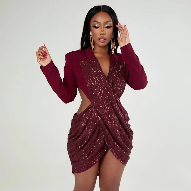 Women Fall Solid Sequined Long-Sleeved Elegant Patchwork Dress 20