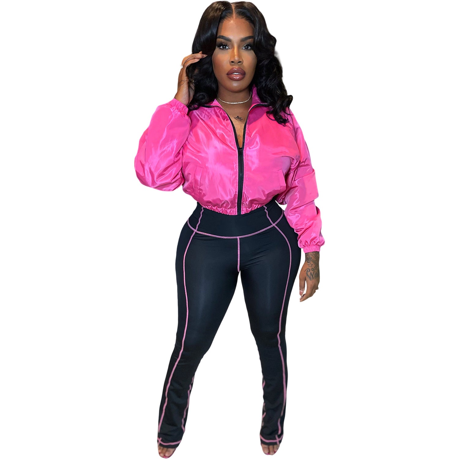 Women Casual Zippered Top and Bell Bottom Two-Piece Set 8