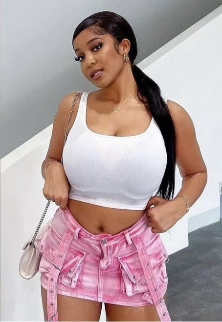 Women retro Top and pink pocket Lace-Up Cargo short skirt two-piece set 3