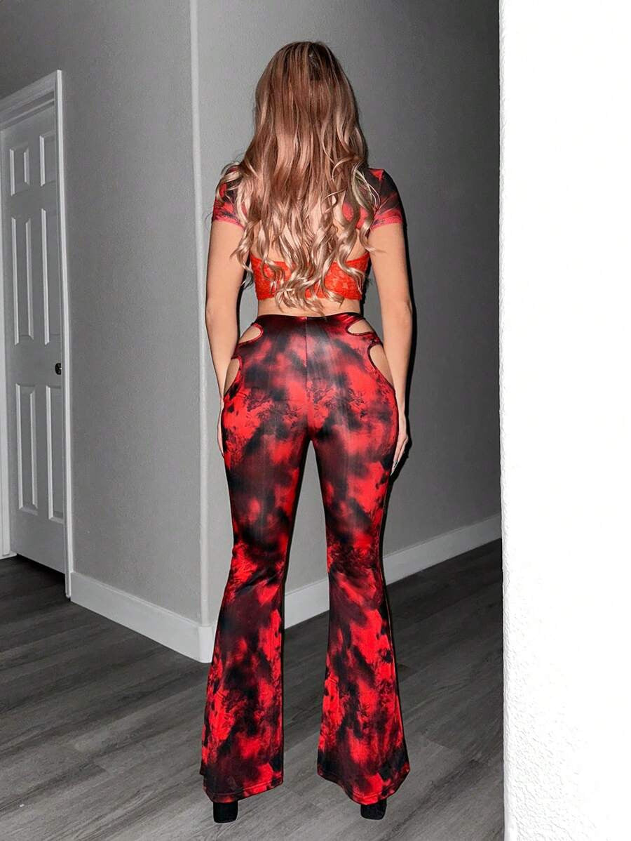 Women Tie-Dye Sexy Hollow Cross Pants Bell Bottom Pants