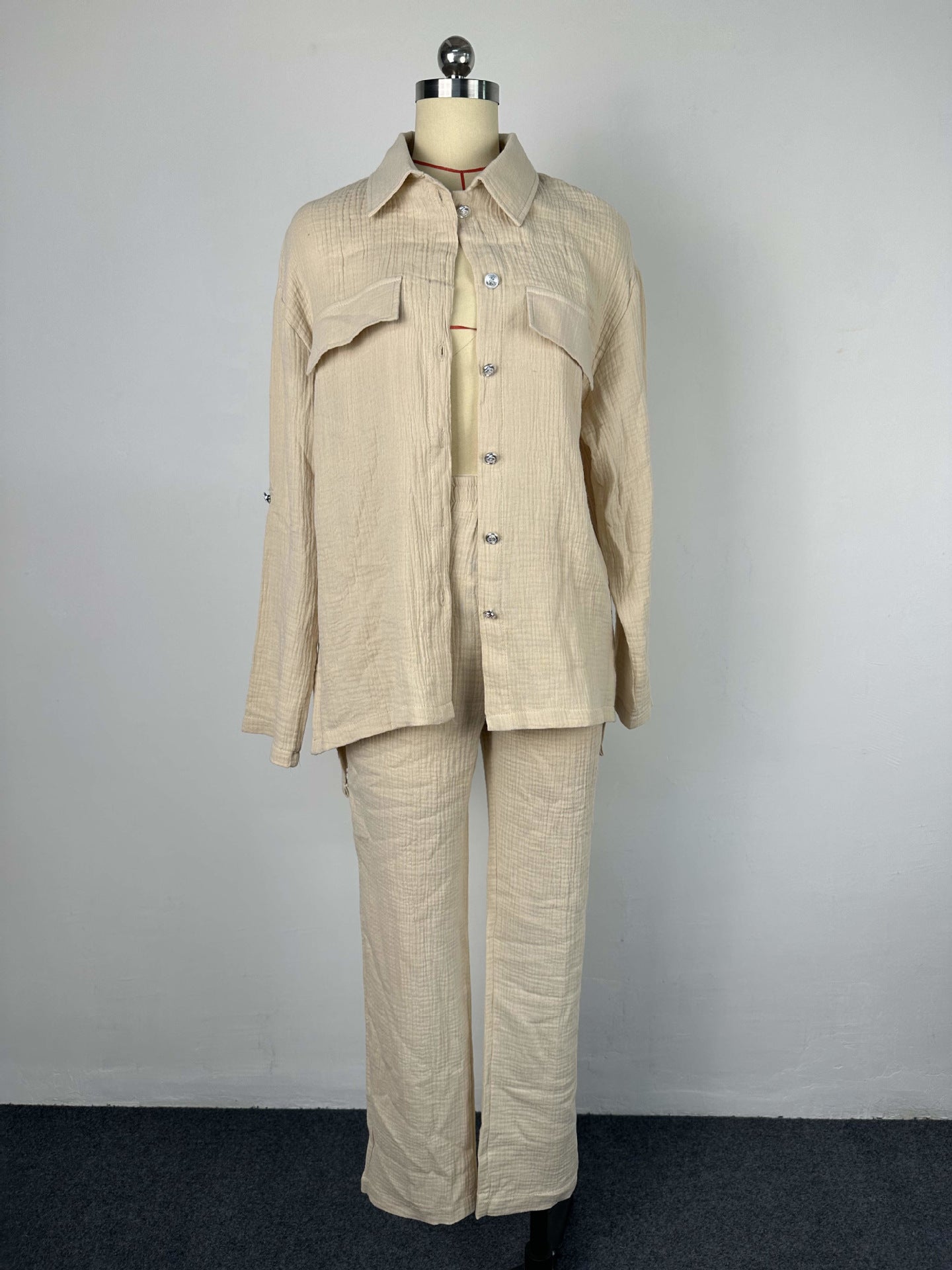 Plus Size Women's Double Crepe Oversized Turndown Collar Long Sleeve Set 30