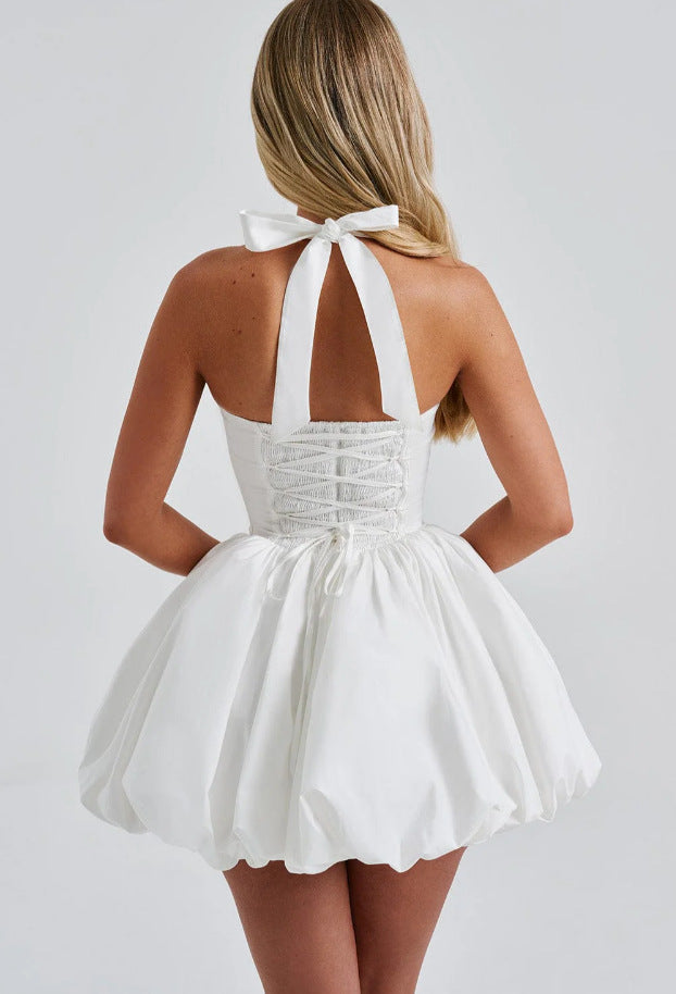 Women Summer Halter Neck Tie-Drawn Bow Puffy Dress 9