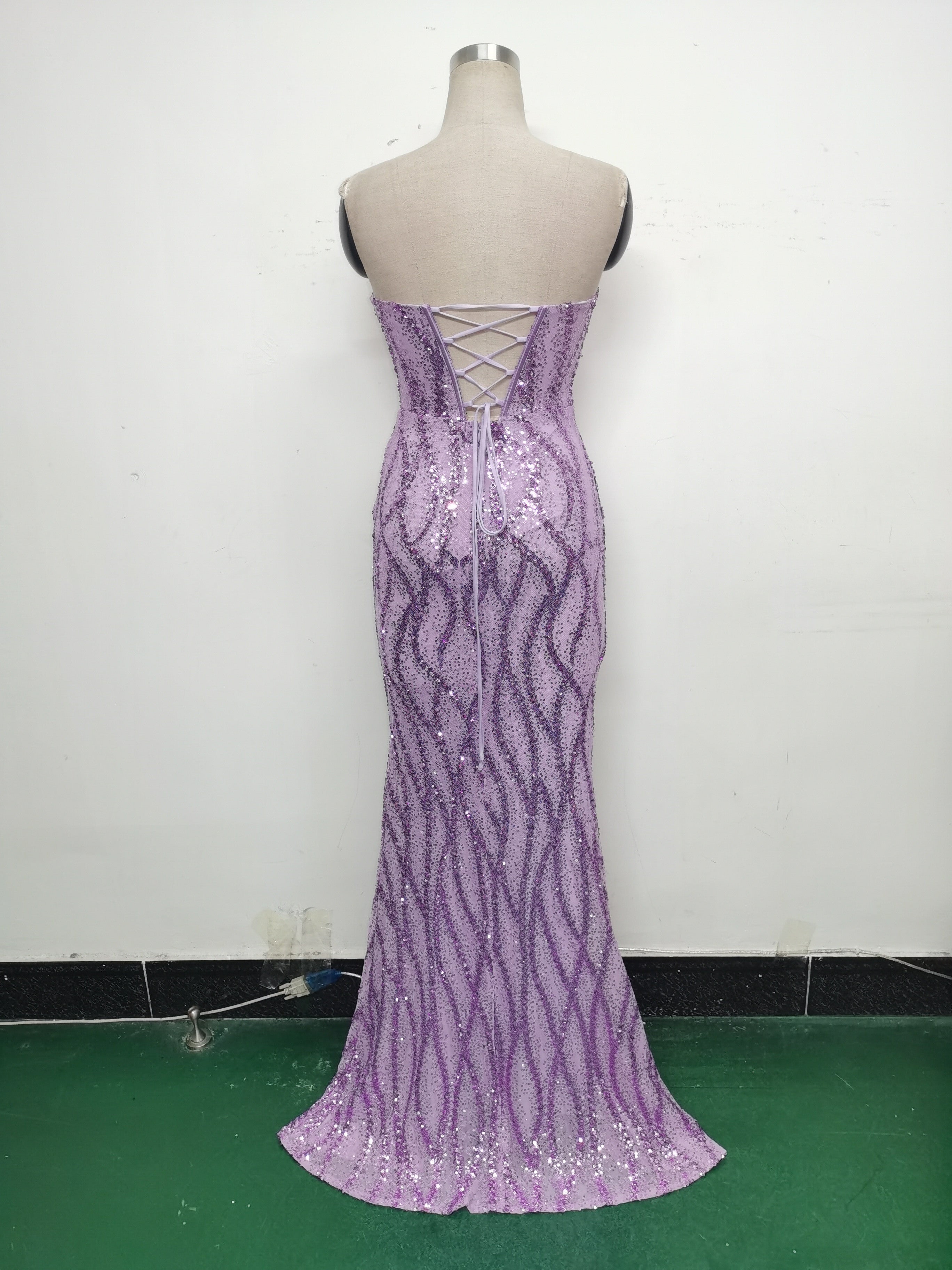 Fishbone Slim Waist Heart Neck Sequin Evening Dress Luxury Formal Party Gown 27