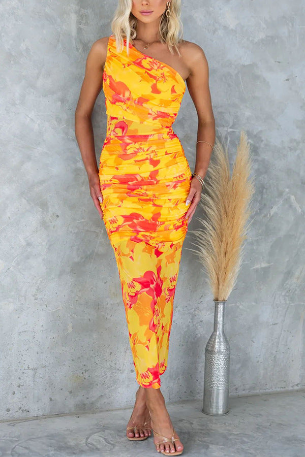 Women Casual Holidays Printed Stretch Slash Shoulder Printed Dress 3