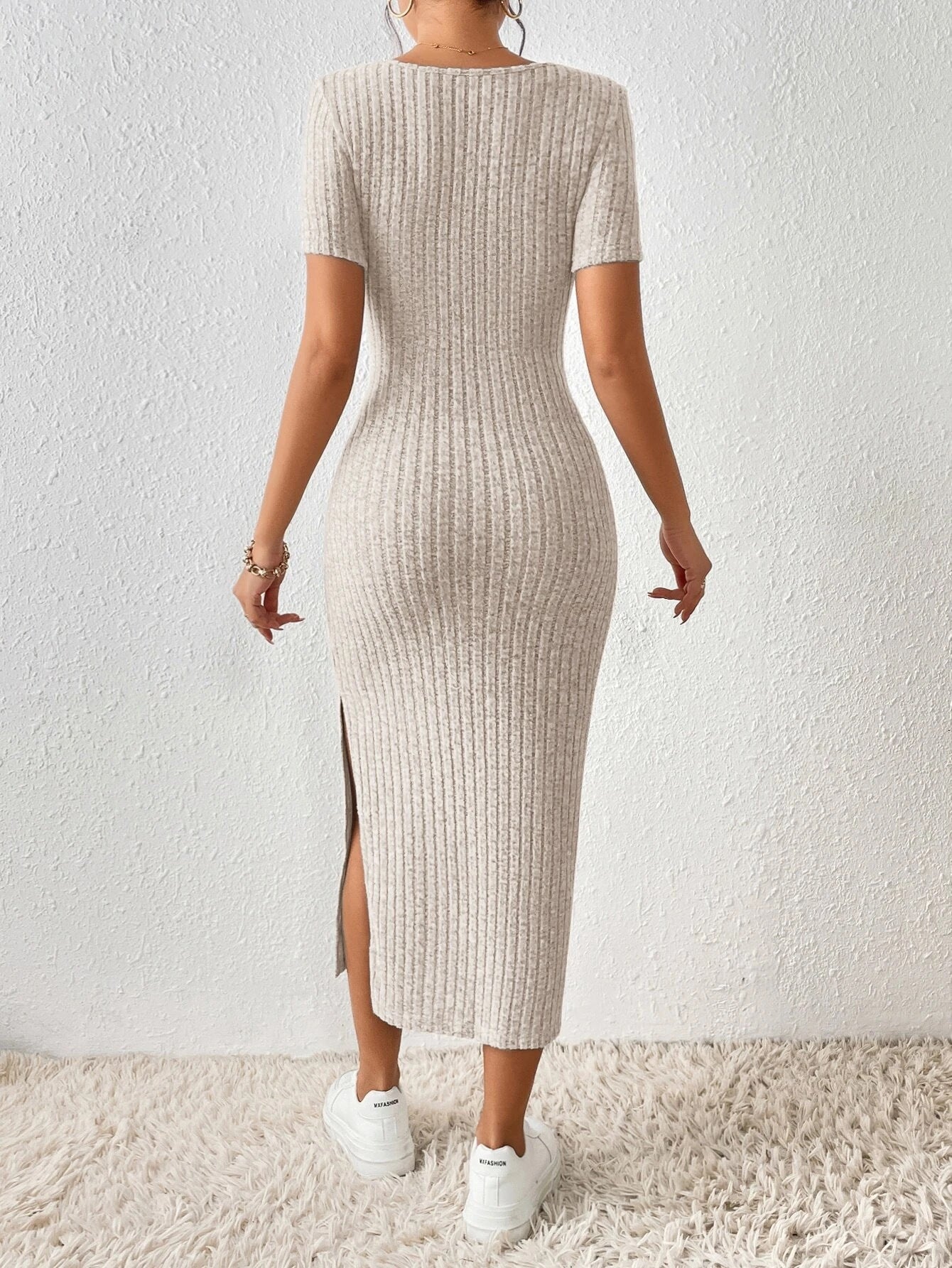 Summer women's fashion square neck sexy slim slit Bodycon Dress 8