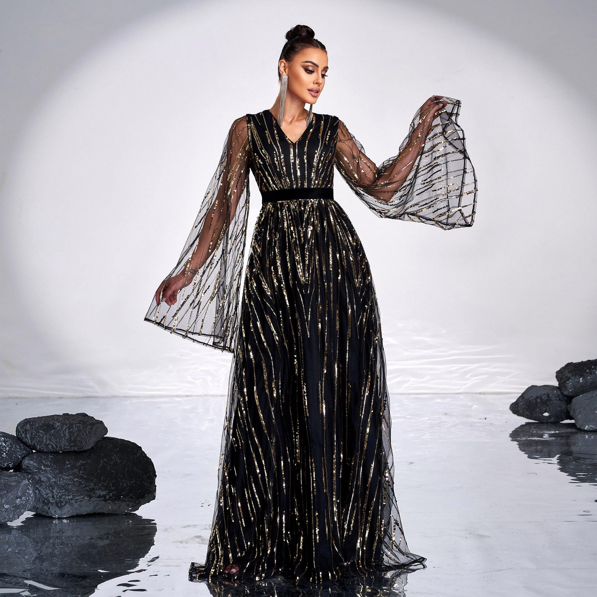 Women V-Neck Long Sleeve Sequin Formal Party Evening Dress 6