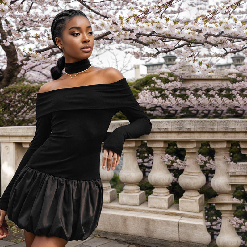 Autumn women's contrast color Off Shoulder long sleeve bubble dress 7