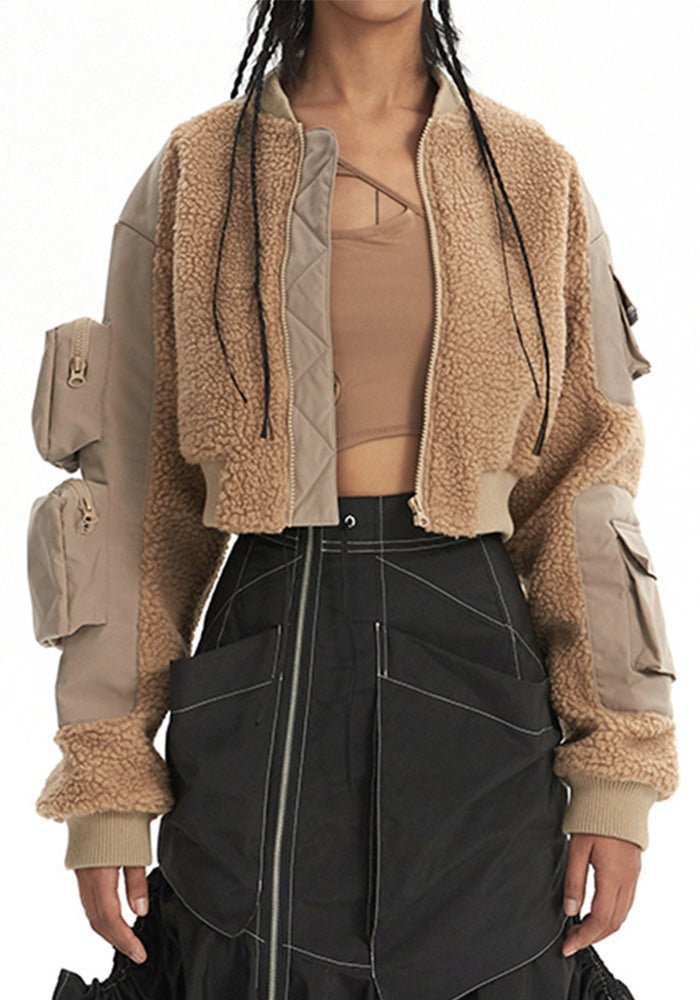 Fashionable Winter Lamb Wool Patchwork Multi-Pocket Short Zipper Jacket