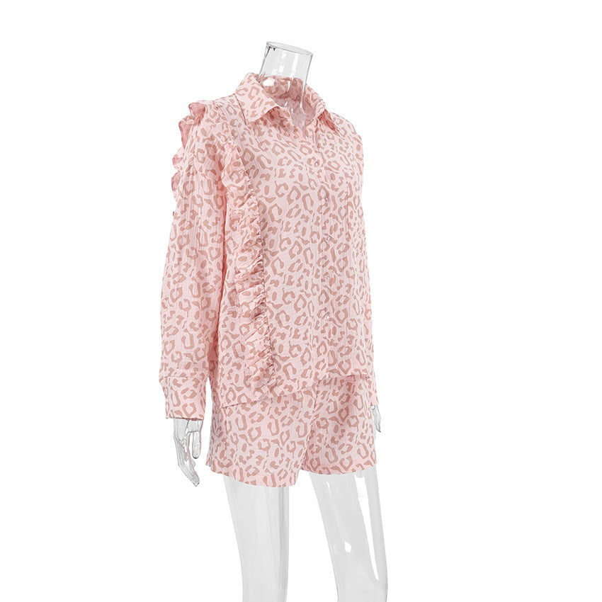 pink leopard print fashion long-sleeved shrit shorts two piece set 7