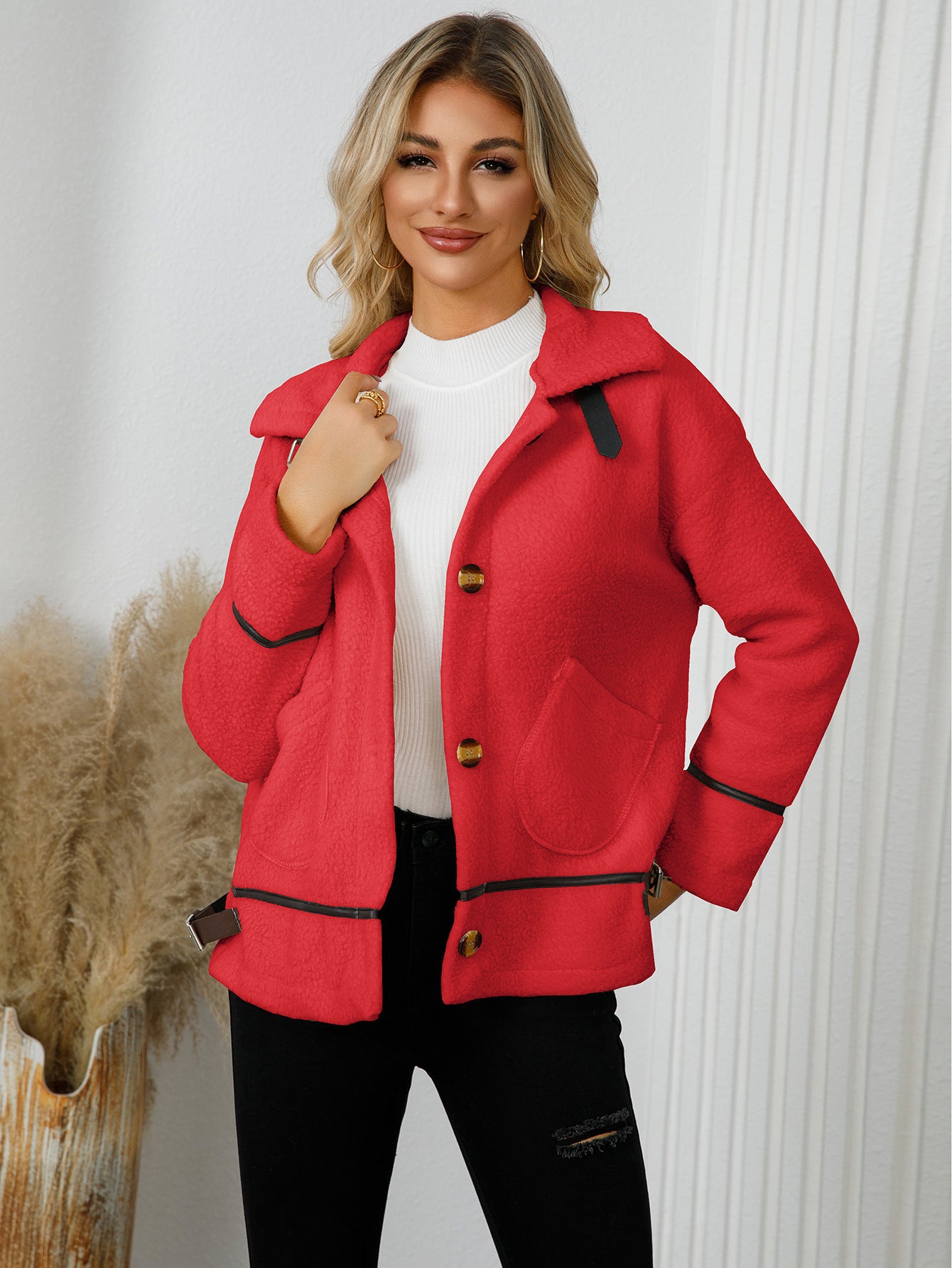 Women's Turndown Collar button lamb fleece jacket short coat 9