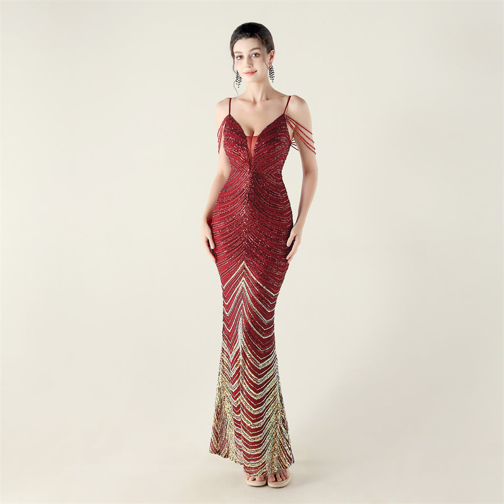 Plus Size Women V Neck Wave Gradient Beaded Beaded Formal Party Evening Dress 5