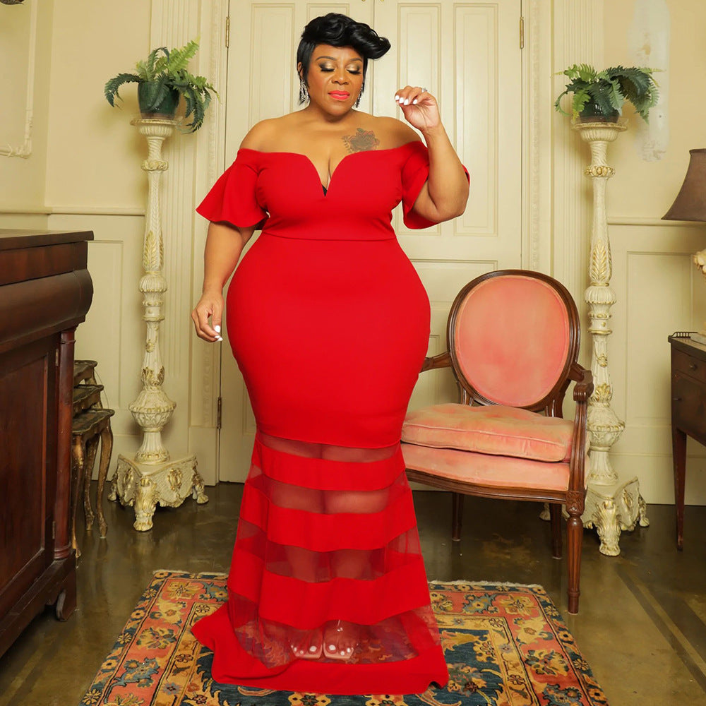 Sexy See-Through Fashion V Neck Short Flare Sleeves Plus Size Maxi Dress 8