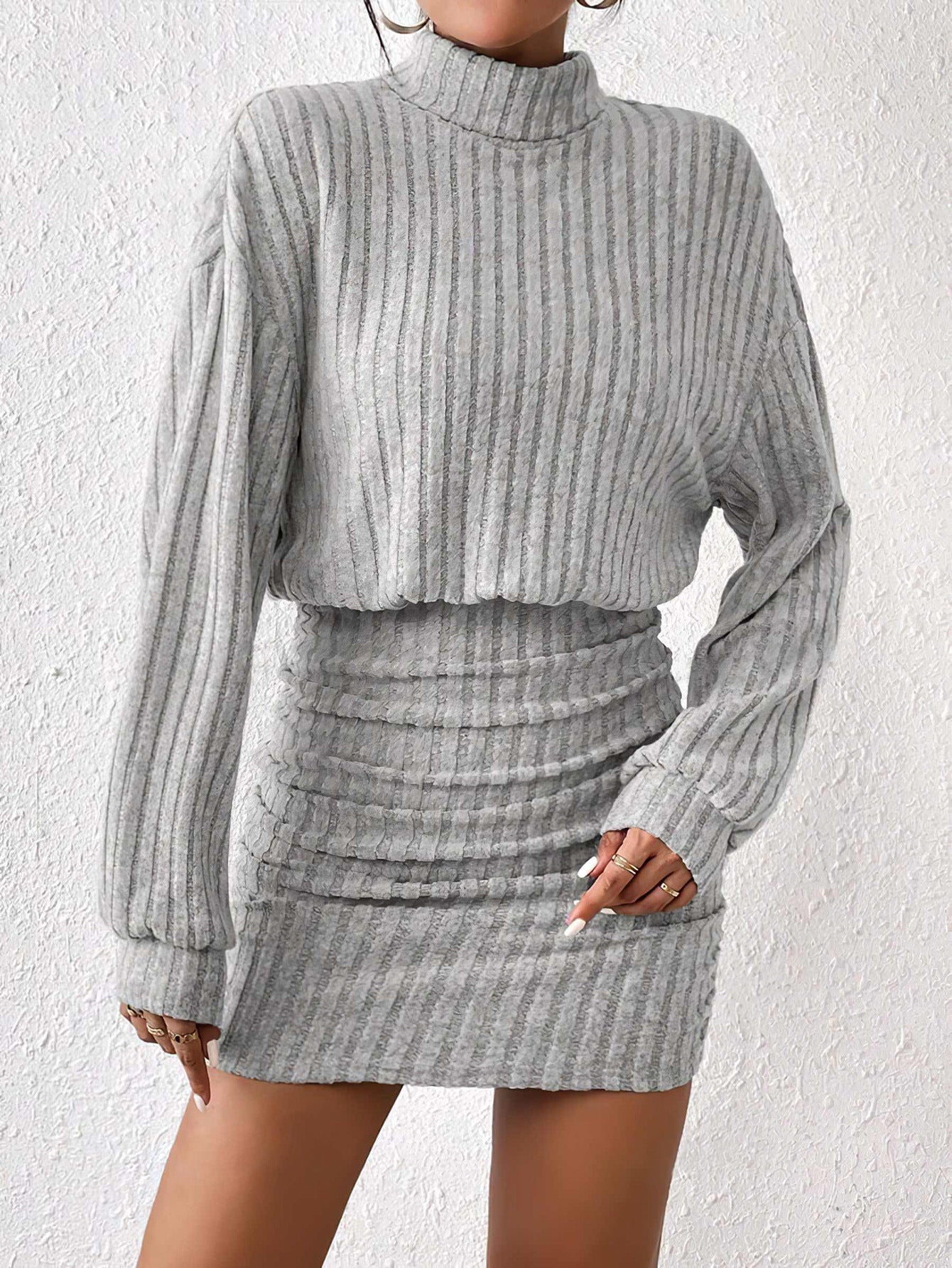 Autumn Winter Women's Slim Fashion Ribbed High Neck Long Sleeve Bodycon Dress 4