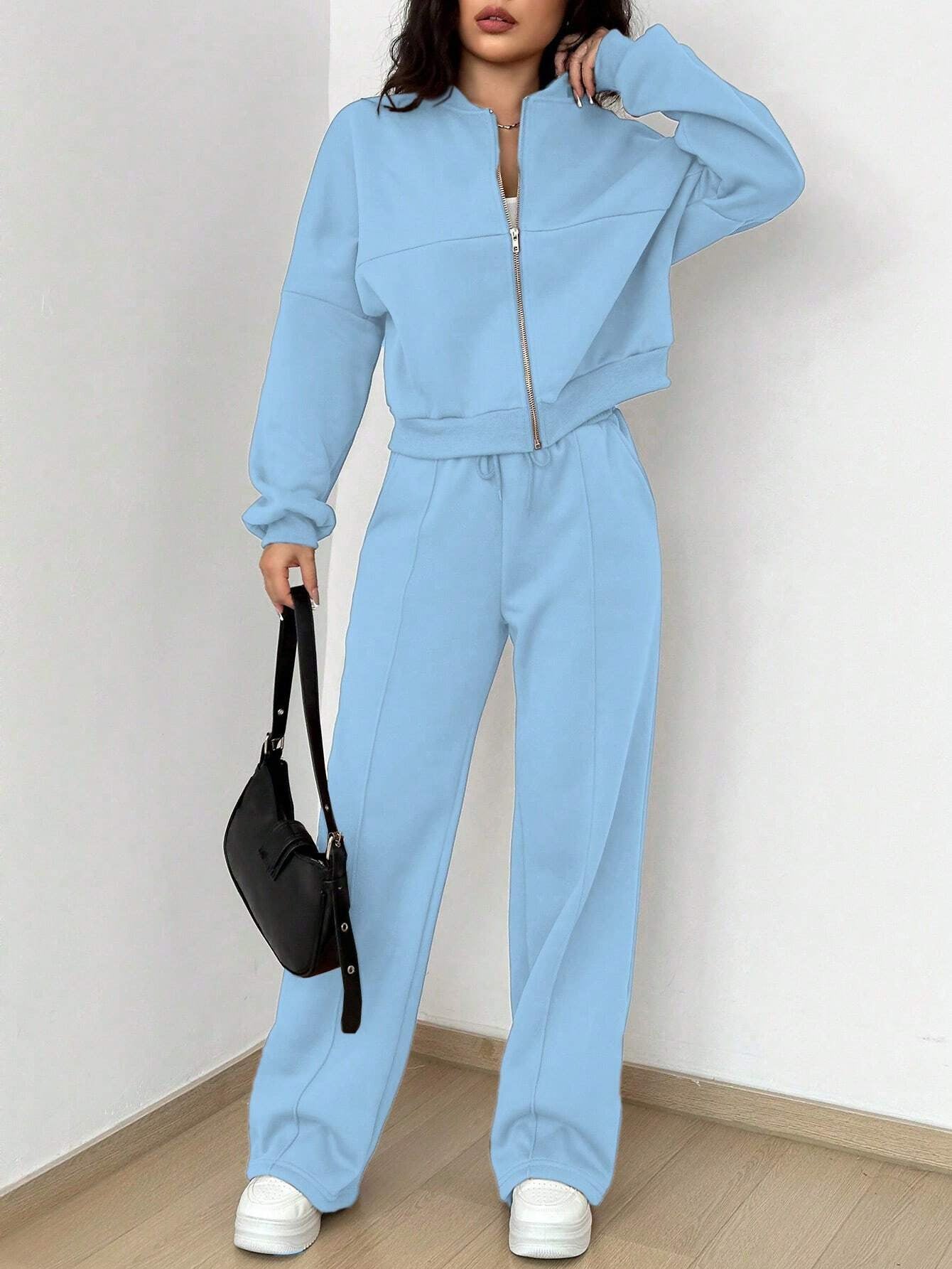 Spring autumn two-piece trendy solid color zipper long sleeve loose top elastic sweatpants two-piece set 29