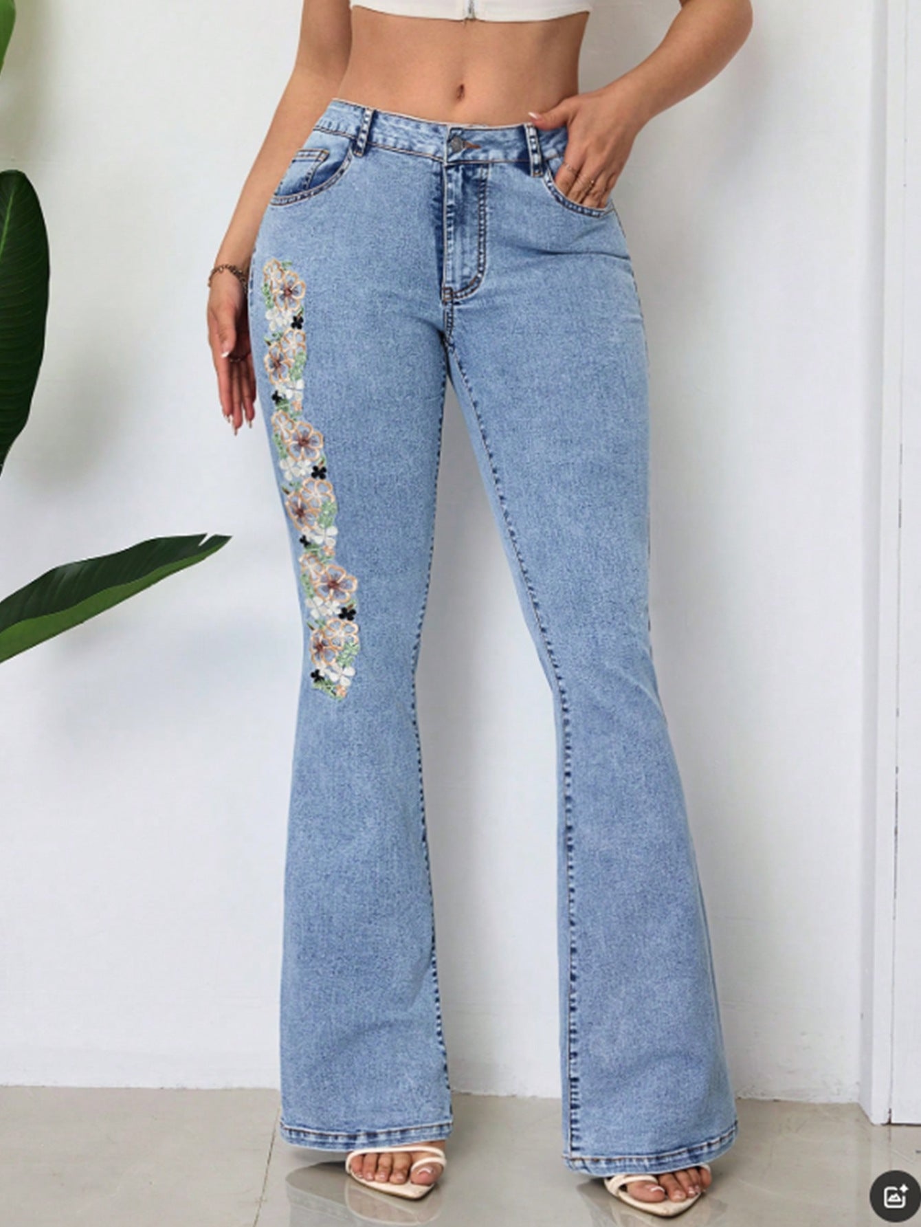 Embroidered Retro High-Waist Bell Bottom Denim Pants 3