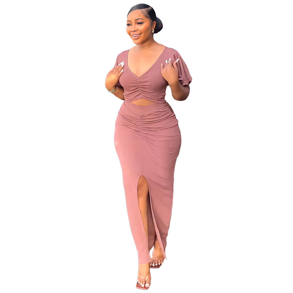 Women Ruffle Sleeve Crop V-Neck Top and Slit Bodycon Skirt Two-Piece Set 9