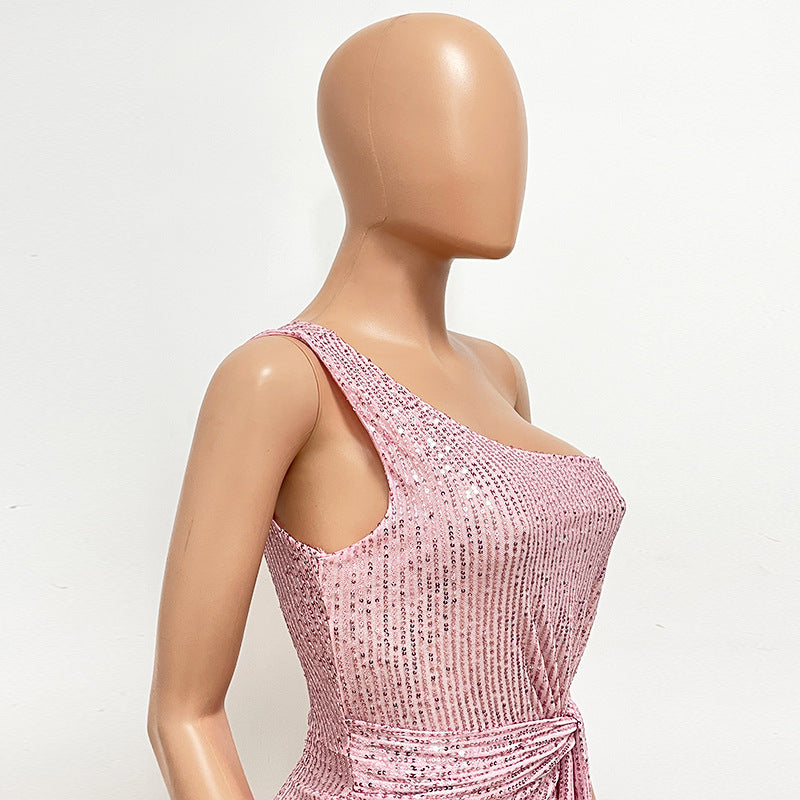 Women's One-Shoulder Lace-Up Sequined Evening Dress 52