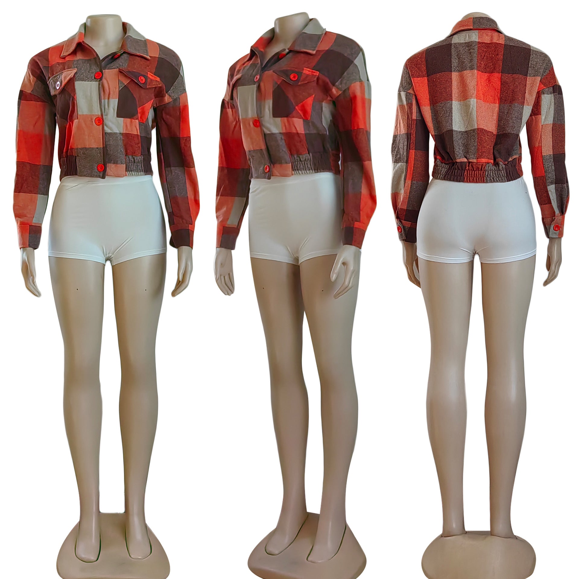 Women's Fall Turndown Collar Plaid Slim Waist Jacket With Pockets 6