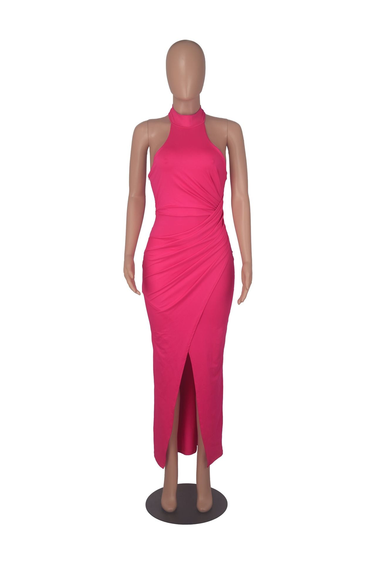 Women's Fashion Solid Color Halter Neck Maxi Pleated Dress 15