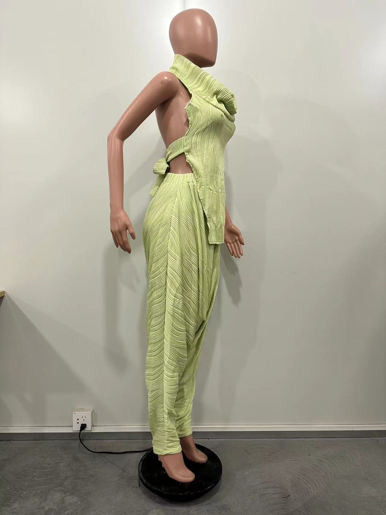 Women Sexy Halter Neck Lace-Up Top and Wide Leg Bell Bottom Two-Piece Set 14