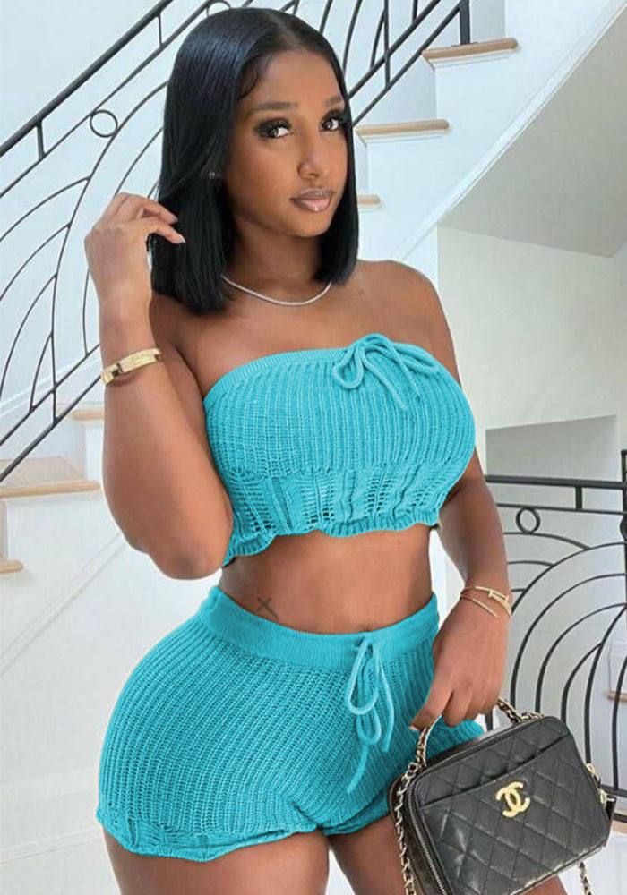 Women Casual Knitting Strapless Tube Top and Shorts Two-Piece Set 8