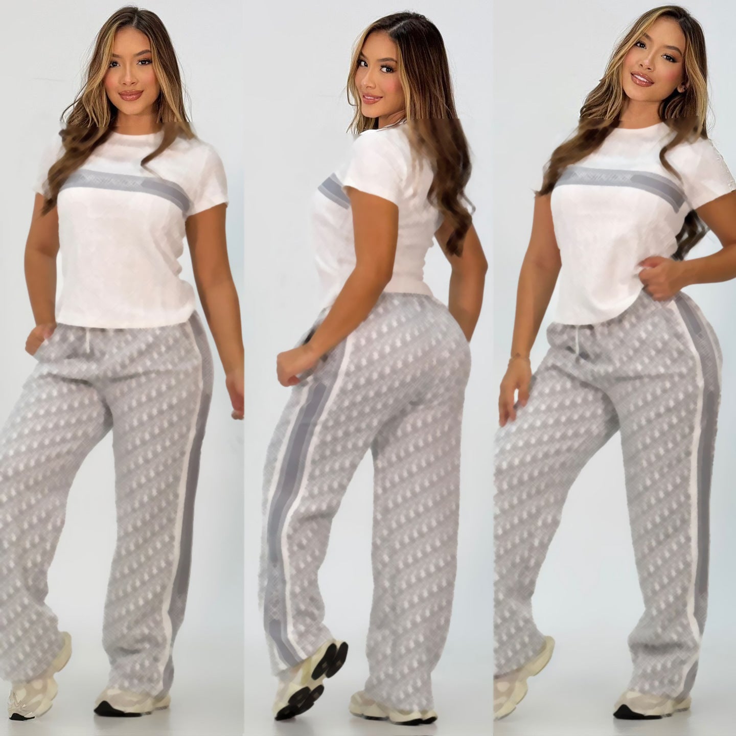 Women's Fashionable Loose Jacquard Short Sleeve Two-Piece Pants Set 3