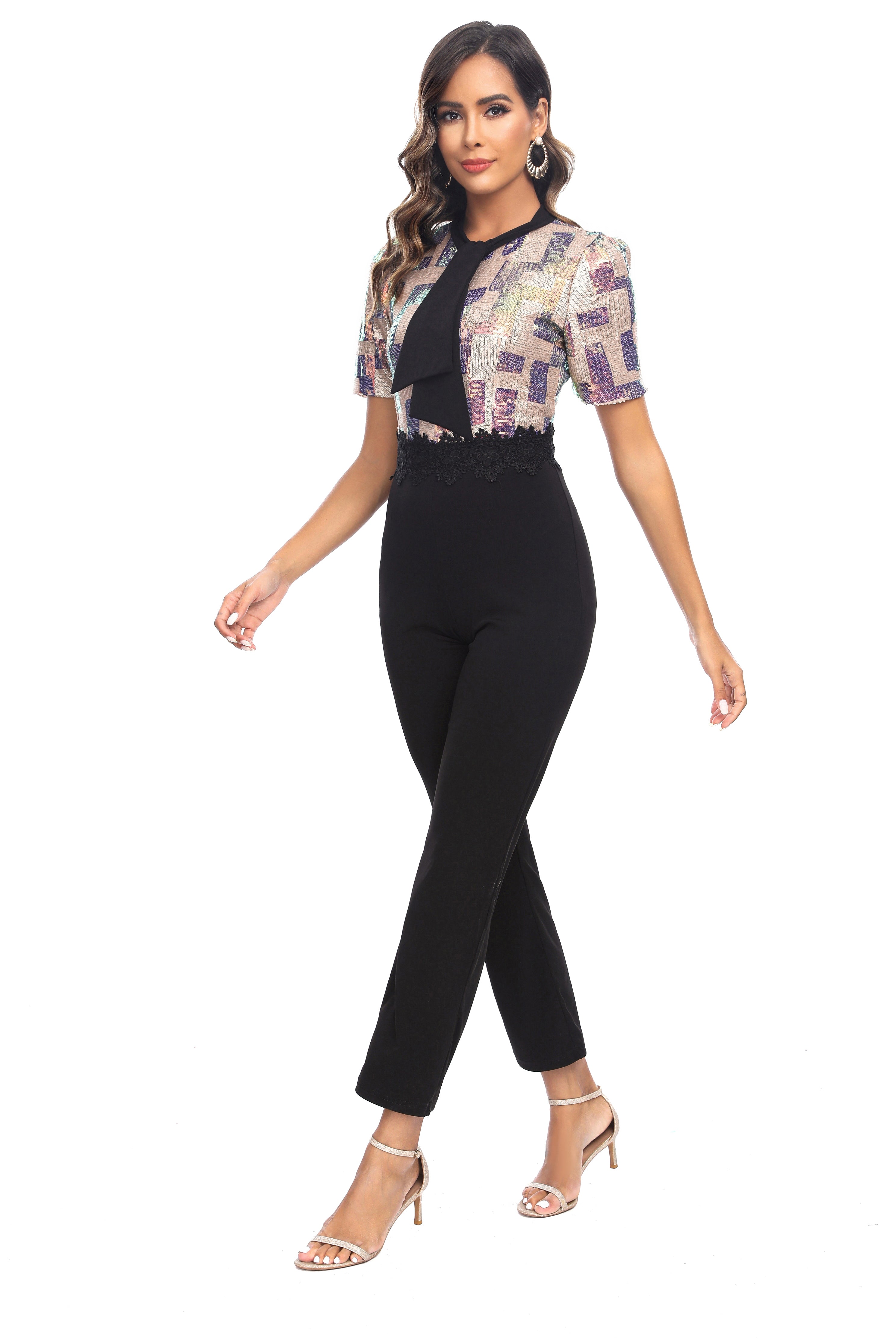 sexy plaid sequins patchwork short sleeve forma jumpsuit 7