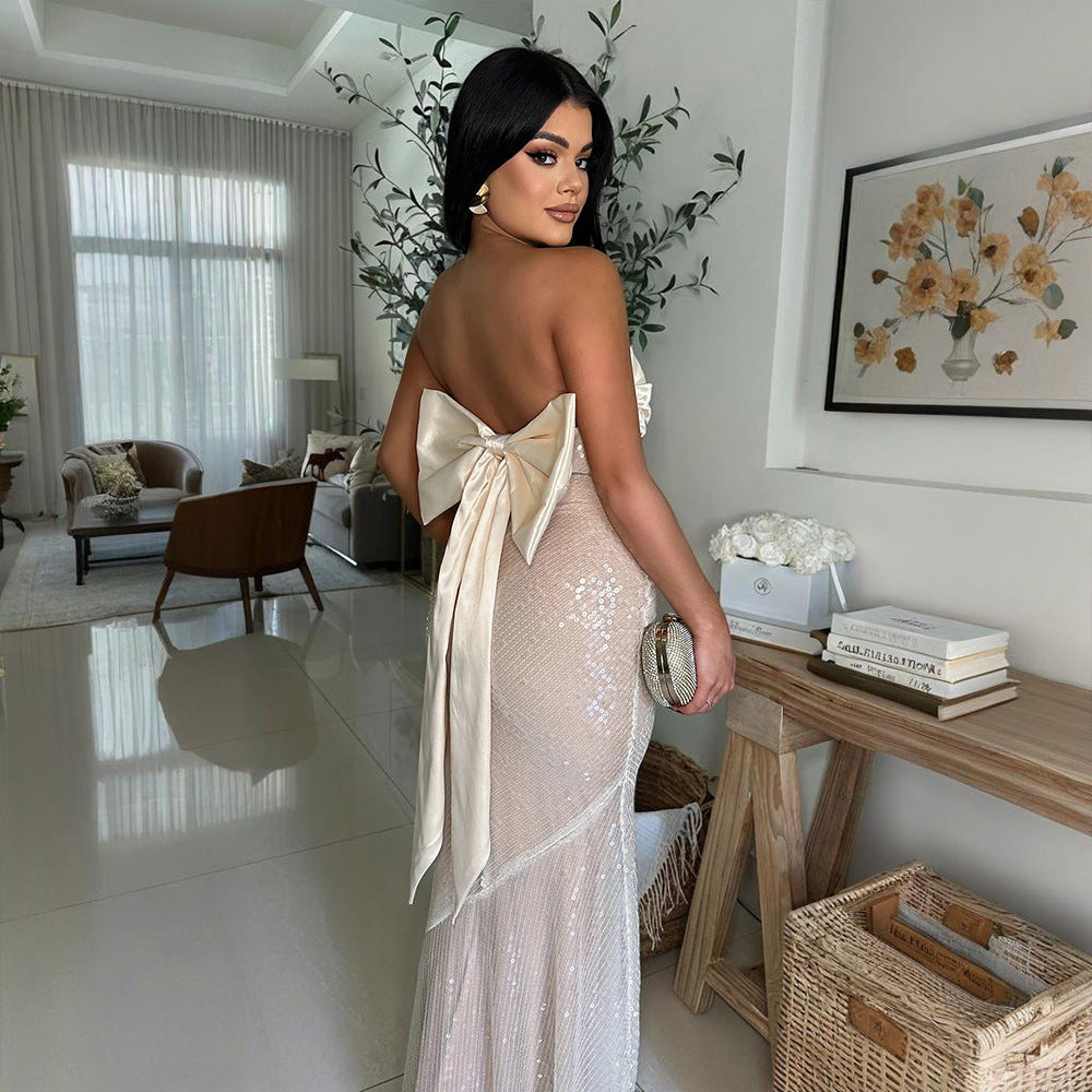 Women Sexy Strapless Satin Patchwork Sequin Fishtail Dress 5